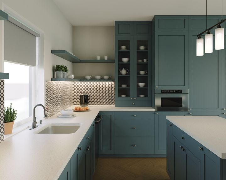 A Basingstoke kitchen with blue cabinets and white counter tops.