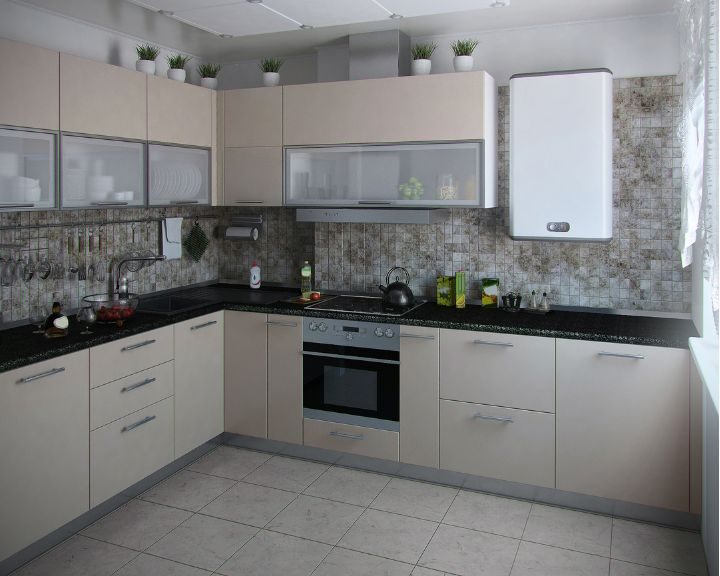 Kitchen-Refurbishment-2 A kitchen undergoing refurbishment in Basingstoke featuring beige cabinets and a stove.