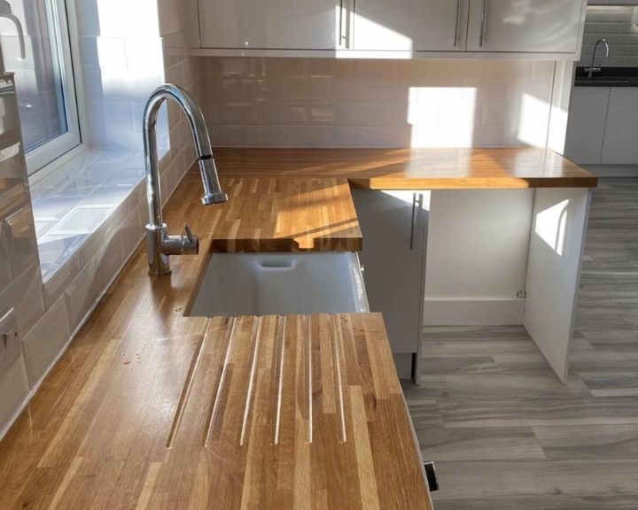 New timber kitchen worktops installed in a new kitchen installation in Basingstoke.